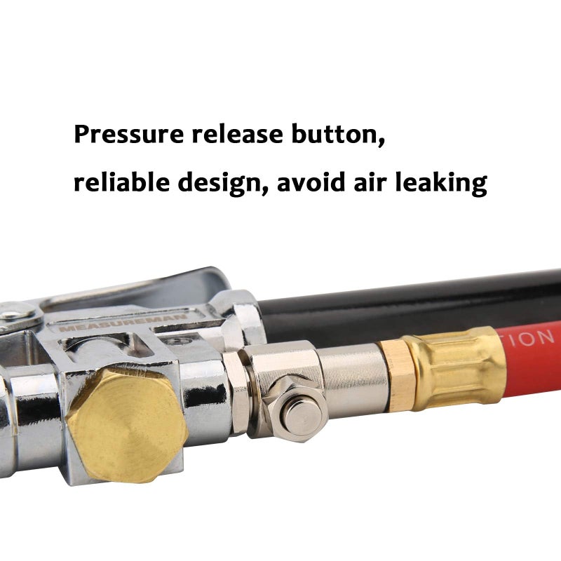 MEASUREMAN Heavy Duty Bayonet Style Tire Inflator, Aluminum Body, 20" Red Hose, Clip On Air Chuck, Aluminum Slide, Range 10-130psi/kpa - Image 5